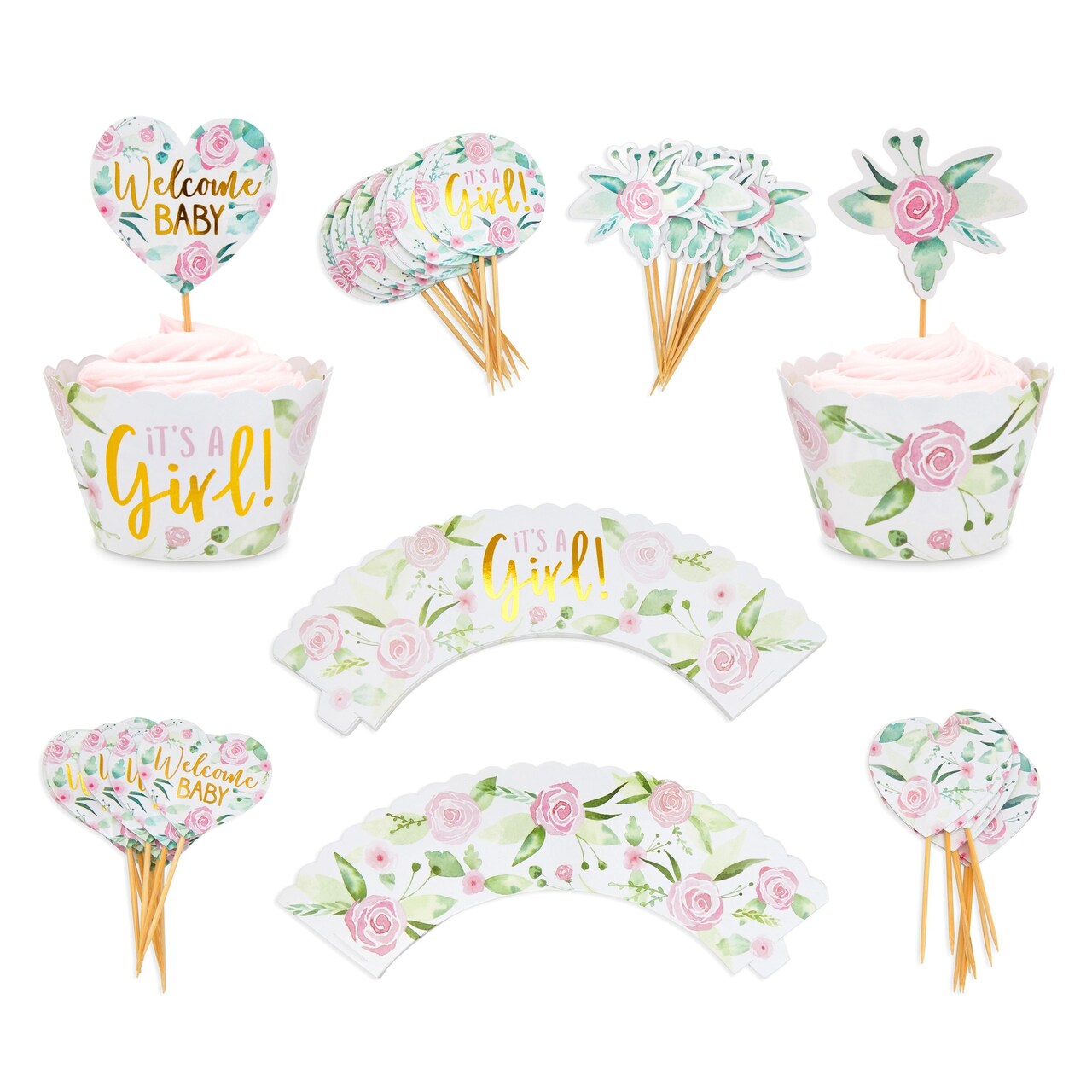 48 Pack It's a Girl Cupcake Wrappers and 48 Toppers for Baby Shower, Gender Reveal